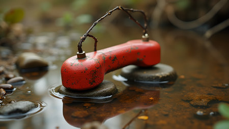 A weathered red vintage telephone receiver sits atop smooth stones in a shallow creek, symbolizing lost communication and the abandonment of outdated technology in a natural setting.の素材