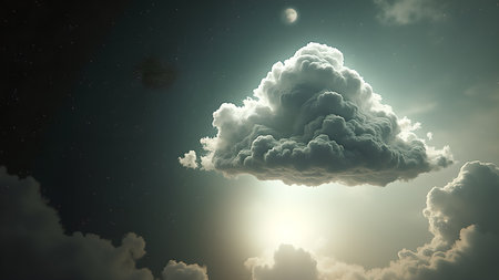 A solitary, voluminous cloud is illuminated by light from below, set against a dreamy backdrop of stars and atmospheric haze creating an ethereal and otherworldly scene.の素材