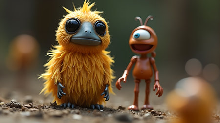 A delightful image featuring a whimsical yellow feathered bird like creature standing next to a cheerful one eyed ant, set against a blurred natural background.の素材