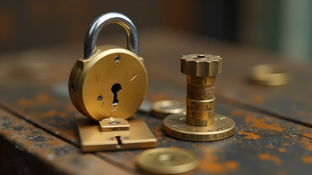 A close-up shot showcasing a golden lock and complex mechanism, emphasizing security, precision engineering, and intricate design in a studio setting with a blurred background.の素材
