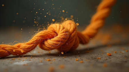 A close-up of a vibrant orange rope tied in a knot. Golden particles enhance the artistic appeal of this creative image, with a textured background.の素材