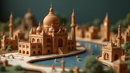 This miniature wooden cityscape showcases intricate architectural designs and iconic buildings. The delicate waterways and tiny boats add charm to this handcrafted model, perfect for art and travel enthusiasts.の素材