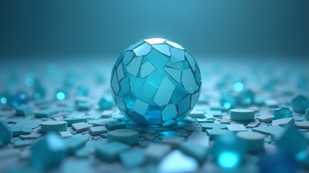A striking cyan sphere takes center stage amidst scattered fragments, creating an ethereal and visually engaging abstract composition. The interplay of light and shadow adds depth to this modern design.の素材