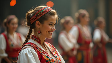 A beautiful young woman smiles while wearing a traditional Bulgarian folk costume, with other women in similar attire blurred in the background, showcasing vibrant culture and heritage.の素材