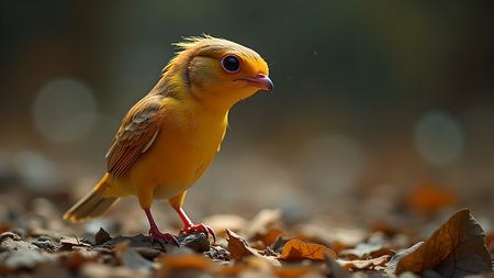 A captivating shot of a small, yellow bird perched among autumn leaves. The bird's vibrant plumage stands out against the muted tones of the foliage. A beautiful snapshot of wildlife in nature.の素材