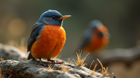 Close up of a male blue capped rock thrush perched on a branch. The bird is orange with a blue head and is sitting on a branch in its natural habitat. Another bird in blurry on the background.の素材