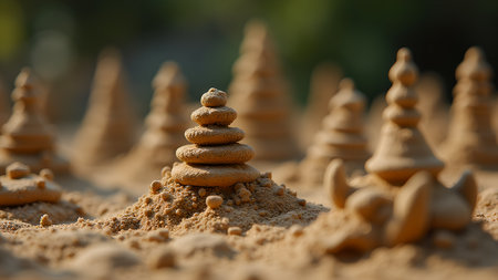 A zen sand castle art installation featuring a balanced stack of stones, set against a backdrop of summer sand structures. Focuses on the theme of impermanence.の素材