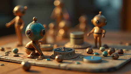 A whimsical gathering of small robot figurines arranged on a rustic game board, bathed in soft light, evoking playful nostalgia and inviting imaginative exploration.の素材