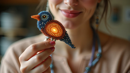 A smiling woman delicately holds a vibrant, handcrafted beaded bird brooch. The intricate detail showcases the beauty of handmade jewelry and artistic talent.の素材