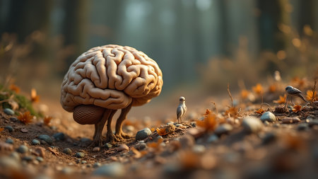Surreal depiction of a human brain with legs in a forest, symbolizing thoughts and their journey through nature, conveying depth and awareness.の素材
