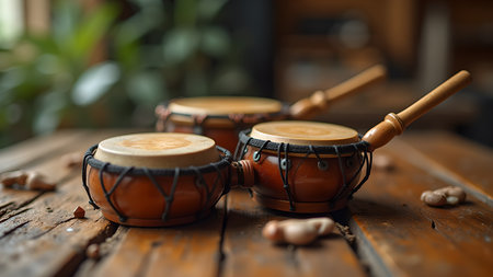 Three african talking drums are arranged on a weathered wooden table, creating a visually appealing composition. The warm brown tones of the drums and wood complement the overall aesthetic.の素材