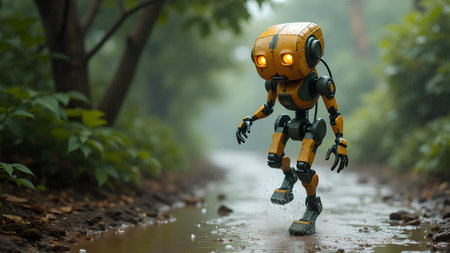 A whimsical yellow robot carefully splashes through a muddy puddle on a forest path during a rainy day, creating a serene and somewhat melancholic scene.の素材