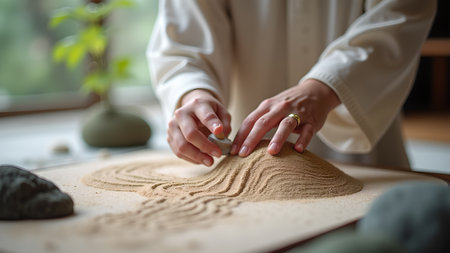 A woman creates a miniature Zen garden with sand and stones, promoting relaxation and peace. This simple act can be a form of therapy and mindfulness, bringing a sense of calm and balance to the creator.の素材