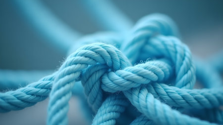 Macro shot of a tangled blue rope knot, perfect for adding a touch of nautical or textured element to your designs or projects.の素材