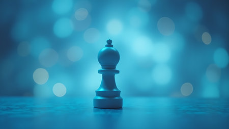 A single white bishop chess piece stands prominently against a blurry bokeh background. It represents strategic business planning, leadership, and innovative thinking for successful outcomes.の素材