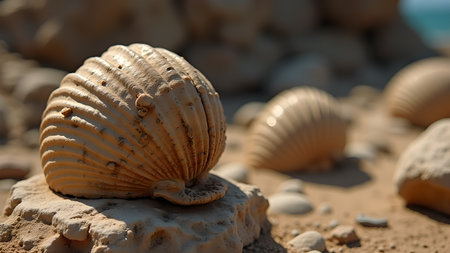 A close-up shot captures the intricate details of a seashell resting on a rocky surface, with a soft sandy beach and blurred ocean backdrop creating a tranquil coastal scene.の素材
