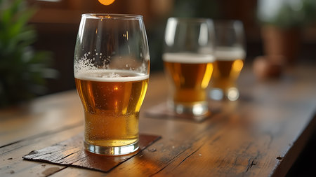 Close-up of three beer glasses on a wooden table, perfect for advertising a beer or pub. The golden color and frothy foam invite relaxation and good times.の素材