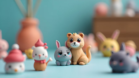 Charming animal figurines create a delightful scene. These cute characters are perfect for children, bringing a sense of whimsy and joy. Ideal for nursery decor.の素材