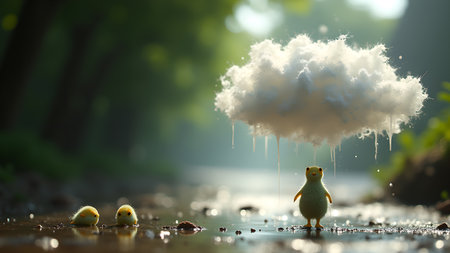 Three adorable, tiny ducks are playfully experiencing their first rain shower underneath a magical cloud in a serene, sunlit river setting. Their whimsical adventure creates a charming and dreamy scene.の素材