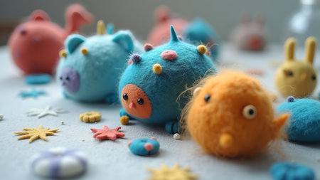Adorable handmade felt creatures arranged in a whimsical display, creating a playful and cheerful scene perfect for children's illustrations, capturing joy and imagination.の素材