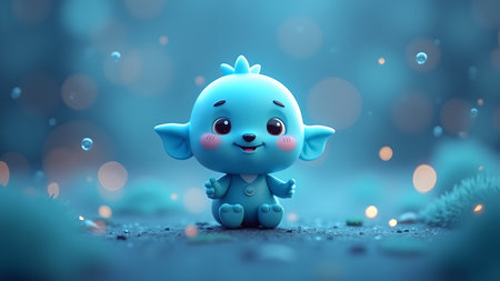 This image features a delightful, blue cartoon character with rosy cheeks and a heartwarming smile set against a mystical bokeh backdrop with floating bubbles. It evokes charm and innocence.の素材