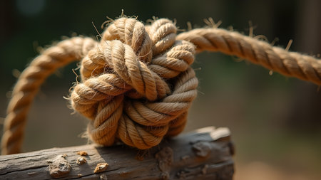A close-up shows a meticulously tied monkey fist knot on wood. The knot, crafted from thick rope, sits outdoors, highlighted by blurred background focusing on its intricate craftsmanship.の素材