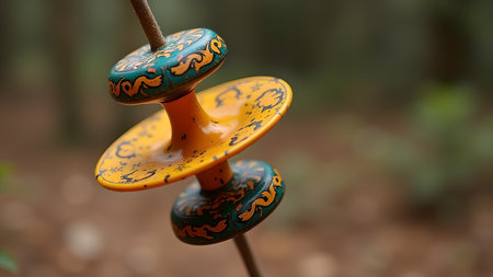A close-up shot showcasing a vibrant wooden toy featuring intricate painted details and a playful design, capturing a sense of nostalgia and cultural artistry.の素材