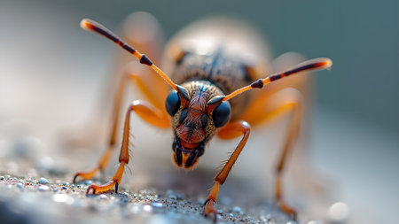 Macro photograph of a longhorn beetle featuring its intricate anatomy. The image highlights the beetle's vibrant colors and detailed features, set against soft bokeh background.の素材