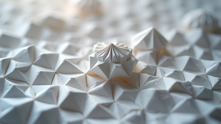 Close-up of geometric paper art, showcasing delicate folds and textures. The white origami patterns create an abstract and elegant background, suitable for artistic and creative projects.の素材