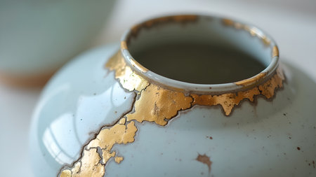 A close-up shot reveals the elegant details of a handmade ceramic vase, enhanced with delicate gold accents. This captures the beauty of artisanal pottery and intricate decorative element.の素材