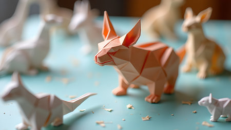 A creative display of origami animal figurines showcases artistic talent and attention to detail. These delicate paper sculptures capture the essence of various creatures, exhibiting the beauty of paper folding artistry.の素材