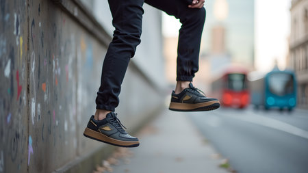 A stylish person wearing modern sneakers sits on a ledge in an urban setting. The blurred cityscape adds a dynamic backdrop to this contemporary fashion scene.の素材