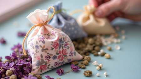 Close-up of handcrafted floral sachet bags filled with natural herbs and lavender flowers on a light blue surface, creating a relaxing atmosphere.の素材