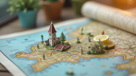 A creative shot featuring a miniature church, trees, people and lemon on a vintage map, creating a whimsical travel concept.の素材