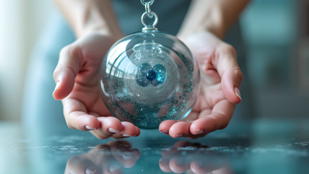 A woman gently holds a captivating glass sphere filled with swirling glitter, its translucent beauty reflecting light. The orb evokes a sense of magic, wonder, and the delicate artistry of unique design.の素材