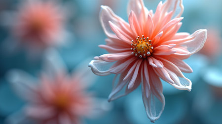 A captivating close-up of a delicate pink dahlia flower set against a serene turquoise background. The soft light enhances the floral elegance and dreamy aesthetic.の素材