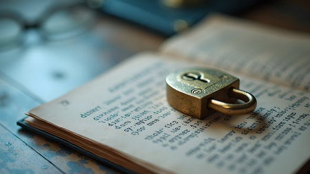 A vintage book lies open with a golden lock placed on its pages. The image conveys a sense of mystery, hidden knowledge and security.の素材