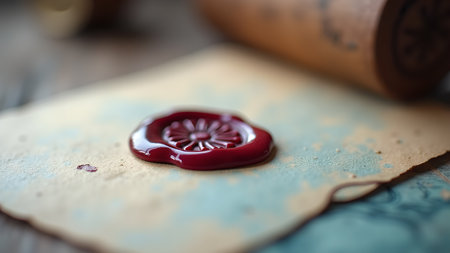 Close-up of a red wax seal on an old parchment paper. The wax seal adds authenticity and privacy. Represents vintage correspondence, trust and official documents.の素材