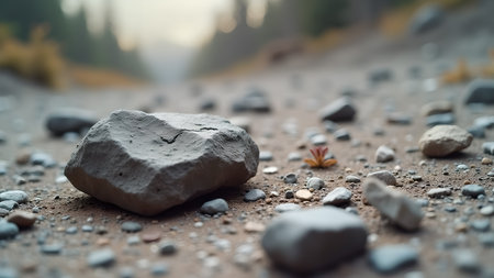 A close-up shot of rocks and pebbles on a forest path, showcasing the textures of the natural ground in an outdoor setting.の素材