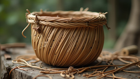 A handcrafted wicker basket sits on a rustic wooden surface. Showcasing the beauty of natural materials and traditional craftsmanship. A simple country still life with a natural background.の素材