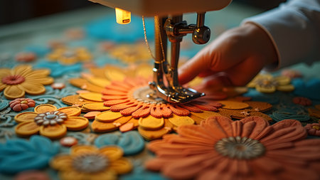 A sewing machine meticulously crafts colorful floral embroidery, showcasing skilled hands in intricate textile artistry and detailed design work.の素材