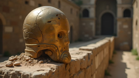 A weathered golden humanoid helmet rests on a crumbling stone wall, hinting at a lost civilization and inviting exploration of the past.の素材