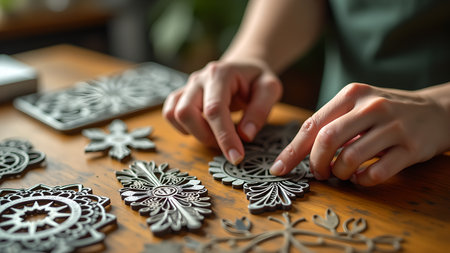 A close-up shows hands carefully arranging decorative metal floral elements on a wooden surface. This scene captures the essence of creativity and craftsmanship, suggesting meticulous artistic process.の素材