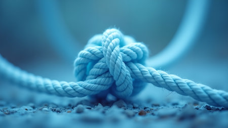 Close-up of a blue rope tied in a knot, set against a blurred background, creating a visually appealing and conceptual image perfect for adding a unique element.の素材