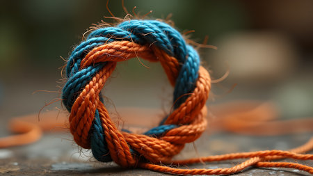 A close-up shot showcases a ring made from twisted, two-tone rope, resting on a textured surface in an outdoor setting. The intricate details of the rope are highlightedの素材