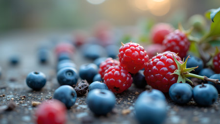 A macro shot showcasing vibrant raspberries and blueberries scattered on a rustic surface, perfect for conveying freshness, health, and the delights of summer's harvest.の素材