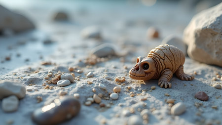 A miniature fossil turtle rests on a sandy beach surrounded by rocks. The ocean is visible in the background, evoking a sense of ancient discovery and natural wonder.の素材