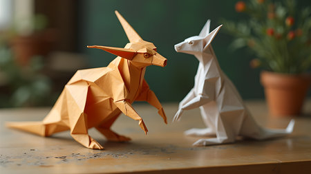 Two origami kangaroos, one orange and one white, face each other on a wooden table. A potted plant is blurred in the background, adding a touch of nature to the artistic composition.の素材