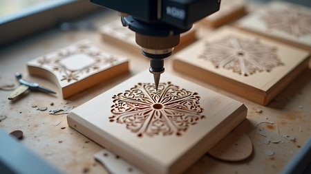 A CNC machine precisely engraves an intricate pattern onto a square wooden coaster. The focus is on the machine's laser accuracy and the beauty of the carved design, showcasing a blend of technology and artistry.の素材