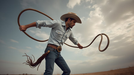 A cowboy dressed in jeans, shirt and hat, skillfully handles a lasso under a cloudy sky, embodying the spirit of the American West and rural life.の素材